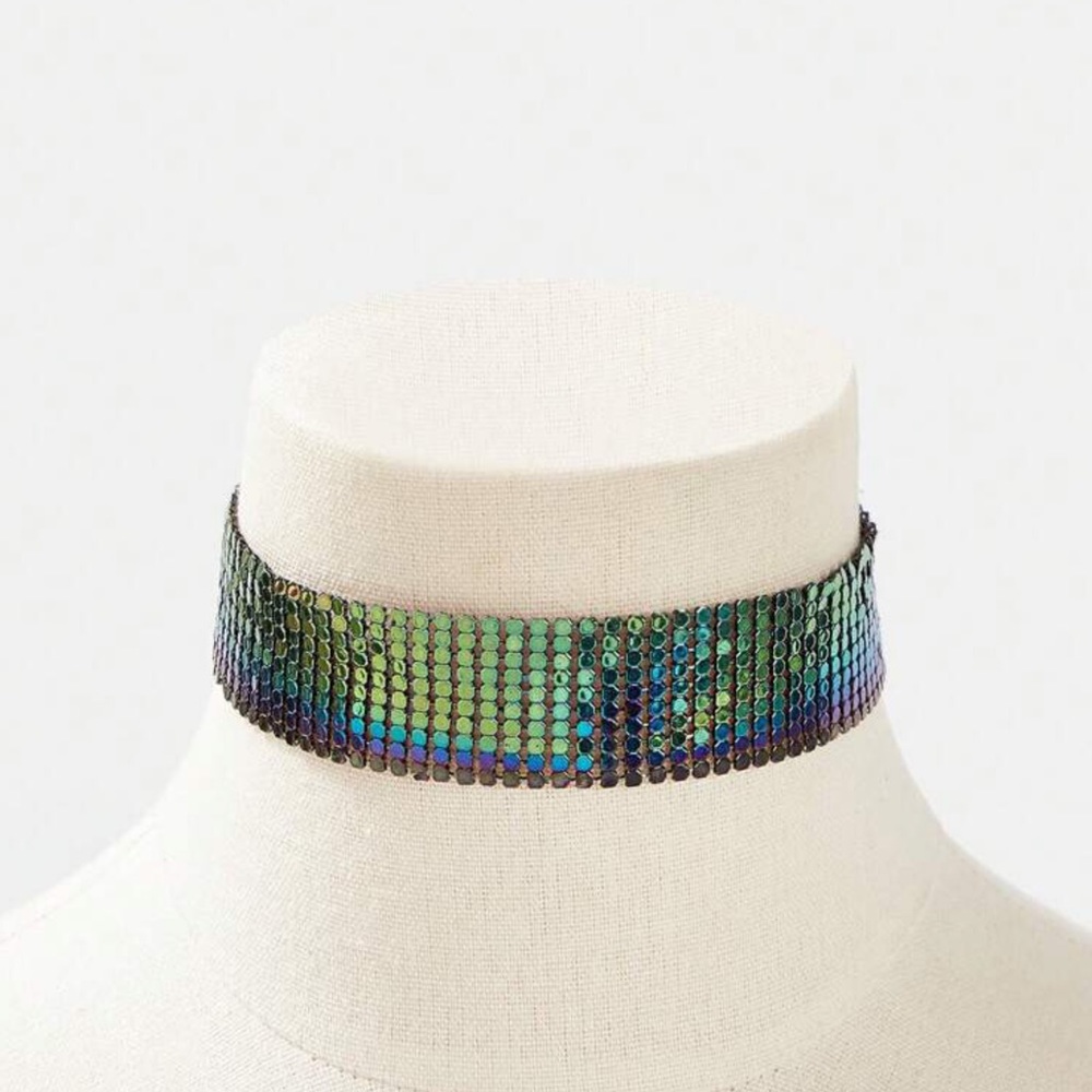 New DK Holographic Oil Slick Colors Mesh Choker Necklace